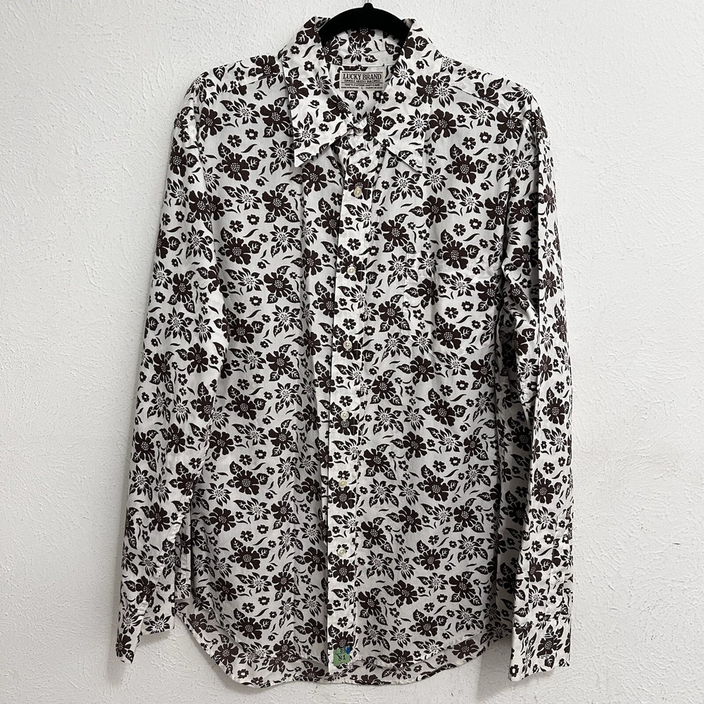 Lucky Brand Single Needle Tailored Easy Care Floral Long Sleeve Shirt Sz L Men's
